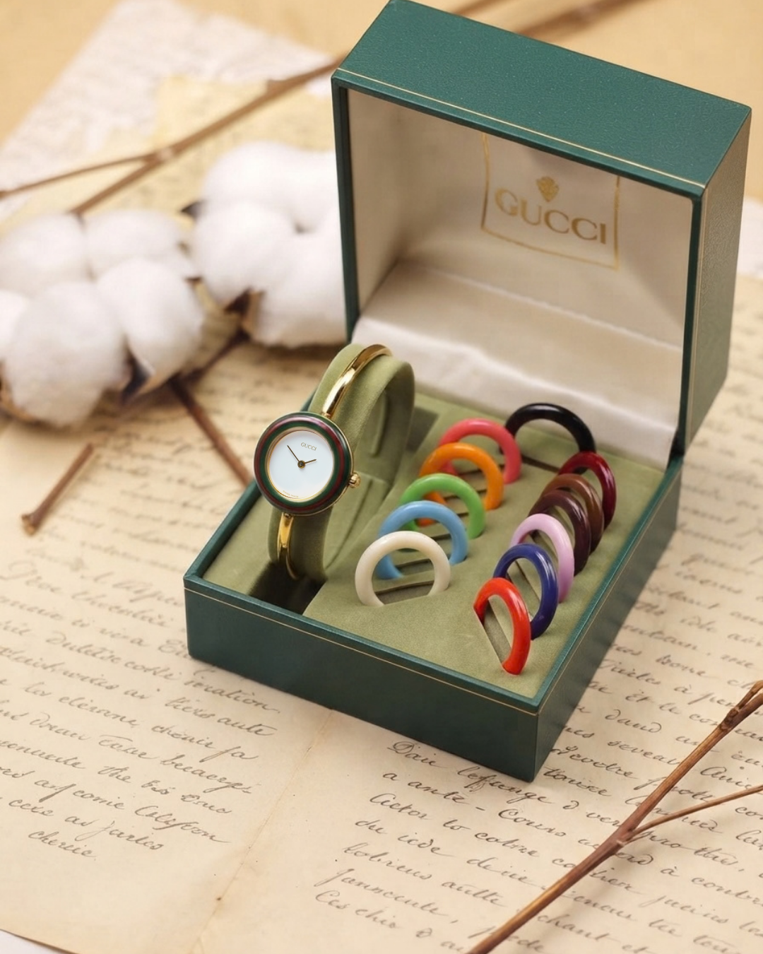 1980s Vintage Gucci 11/12 Changeable Bezel Gold-Plated Bangle Watch Set – Collector’s Box Edition