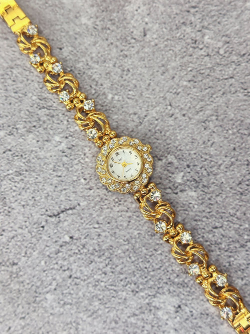 1990s Vintage Floral Crystal Bezel Jewelry Watch – Openwork Swirl Bracelet
