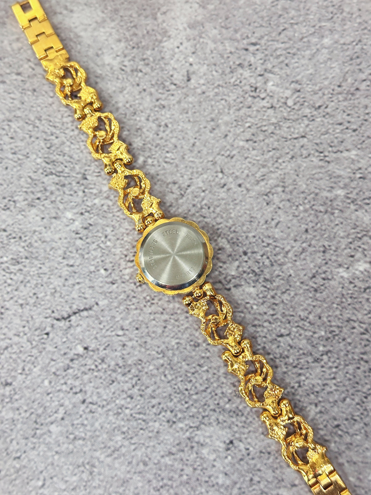 1990s Vintage Floral Crystal Bezel Jewelry Watch – Openwork Swirl Bracelet