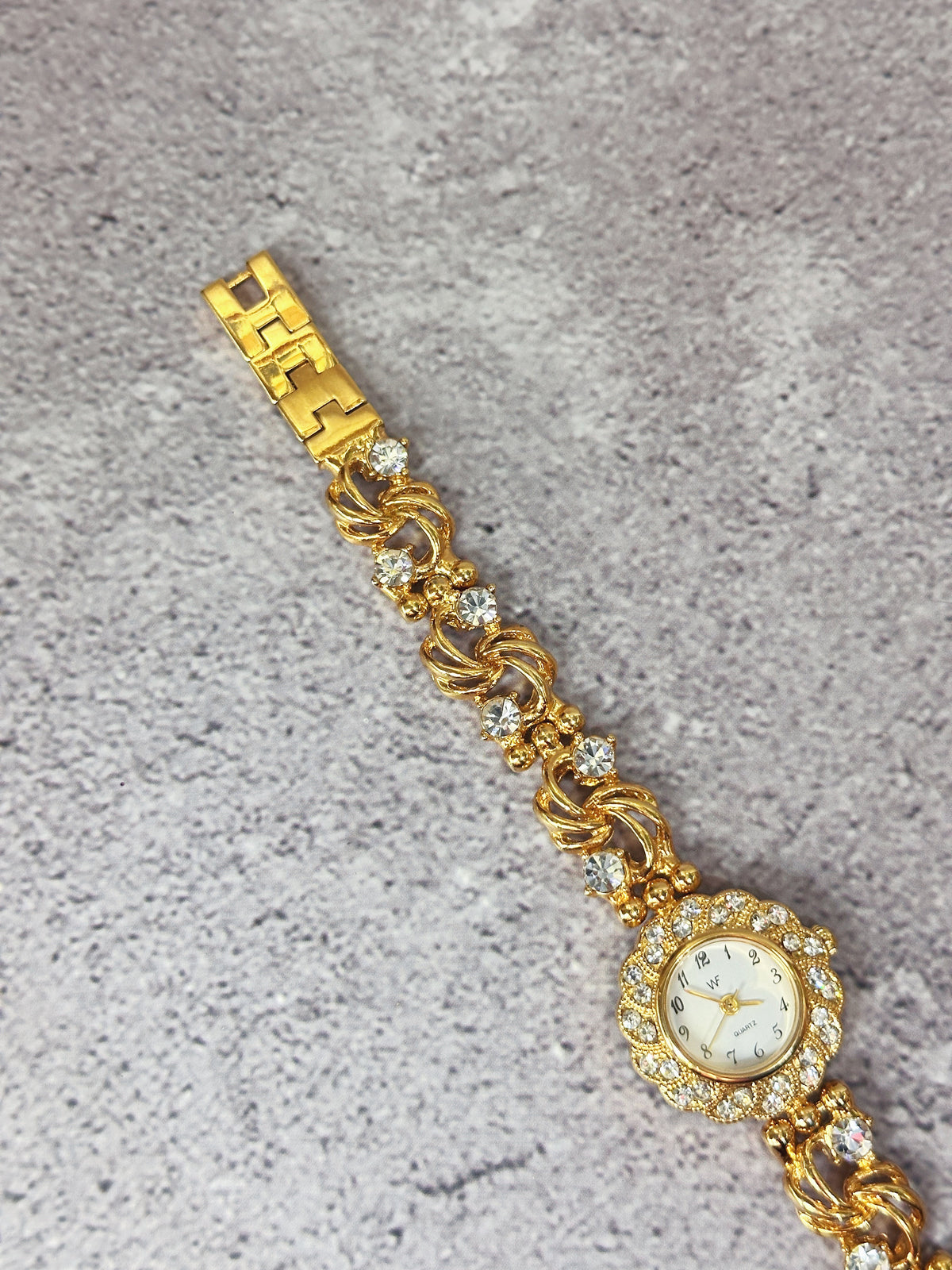 1990s Vintage Floral Crystal Bezel Jewelry Watch – Openwork Swirl Bracelet