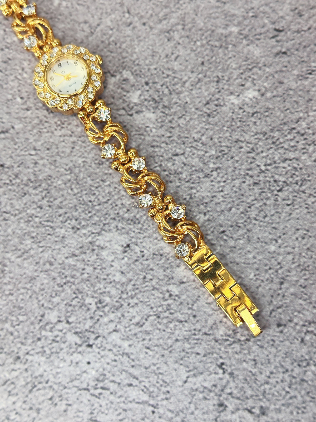 1990s Vintage Floral Crystal Bezel Jewelry Watch – Openwork Swirl Bracelet
