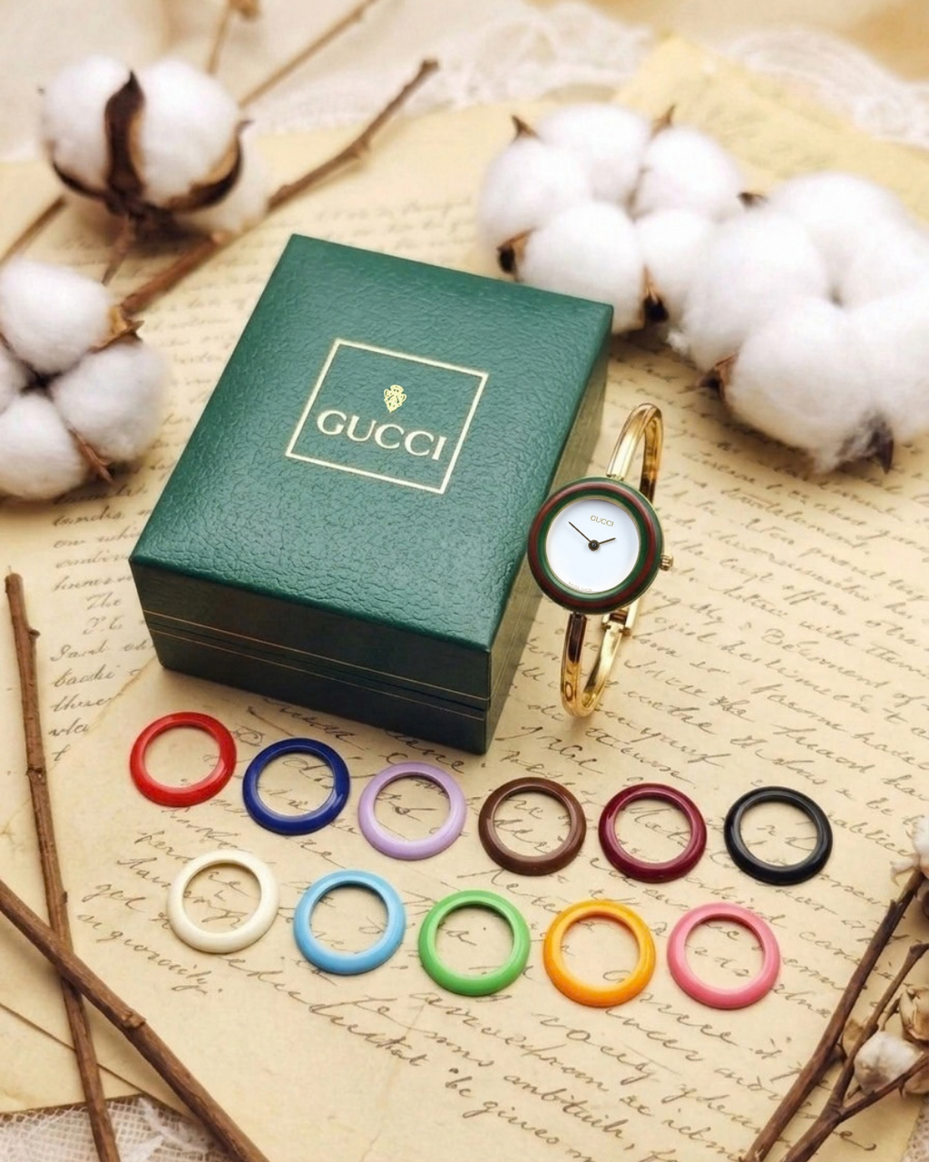 1980s Vintage Gucci 11/12 Changeable Bezel Gold-Plated Bangle Watch Set – Collector’s Box Edition