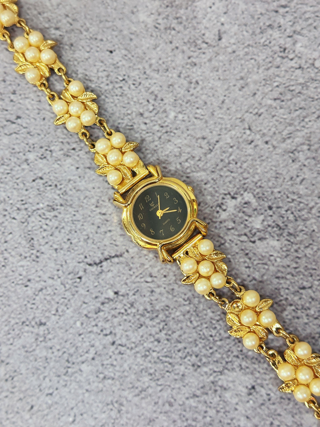 1990s Vintage Vanessa Pearl & Leaf Cluster Jewelry Watch – Floral Bracelet Edition