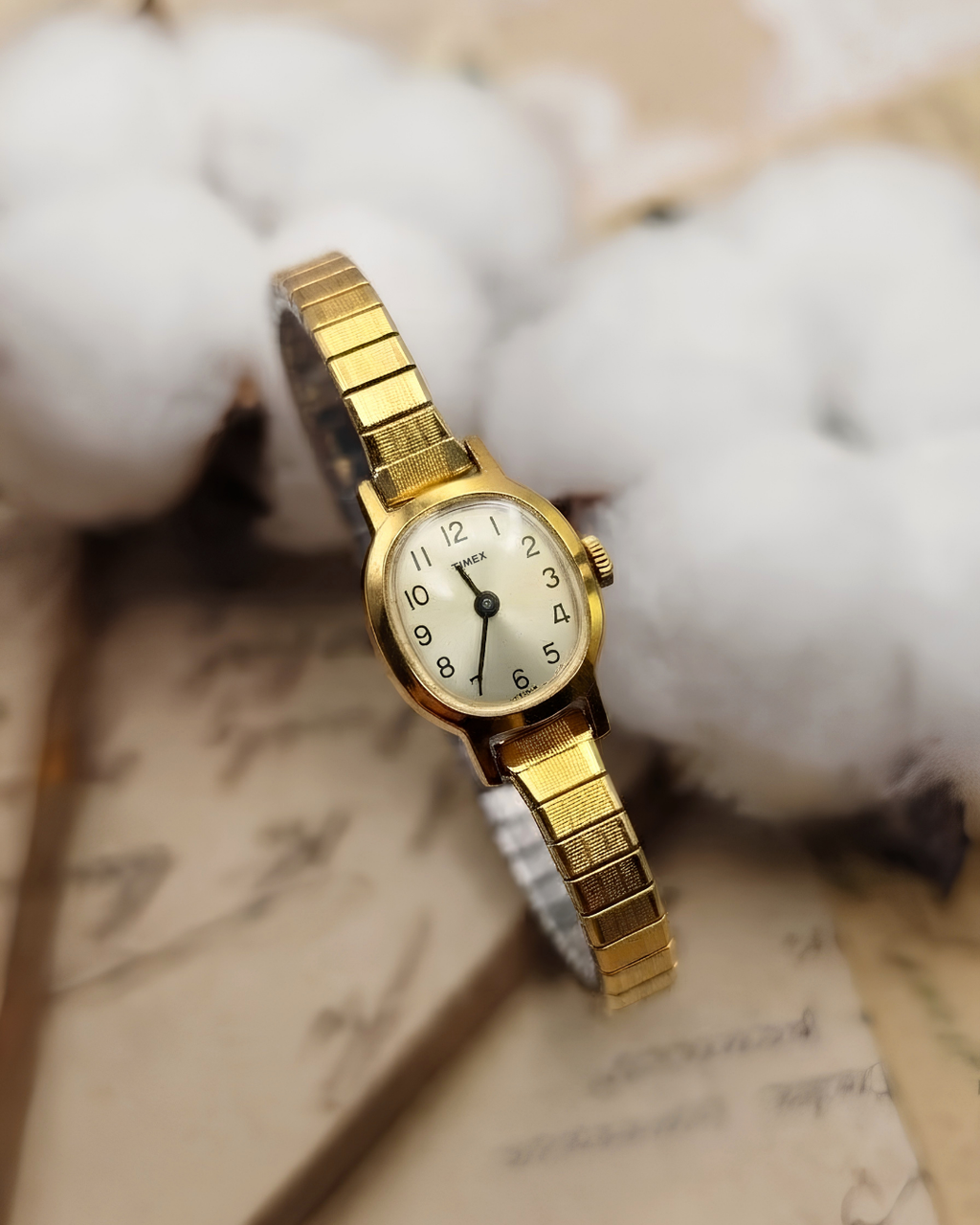1970s Vintage Timex Gold-Tone Mechanical Dress Watch – Cushion Case Expansion Band Edition
