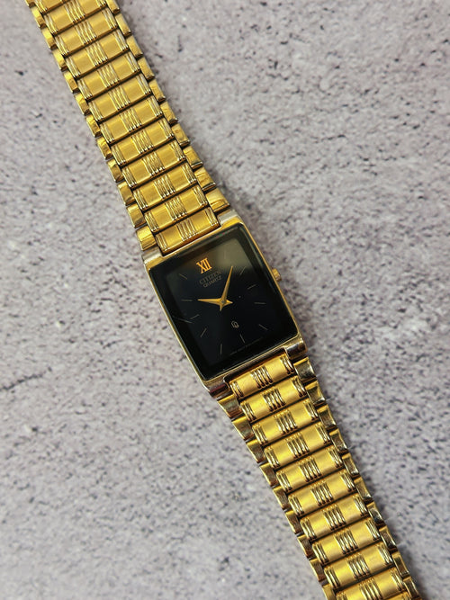 1980s Vintage Citizen Black Dial Tank Dress Watch – Rare Roman Numeral Edition