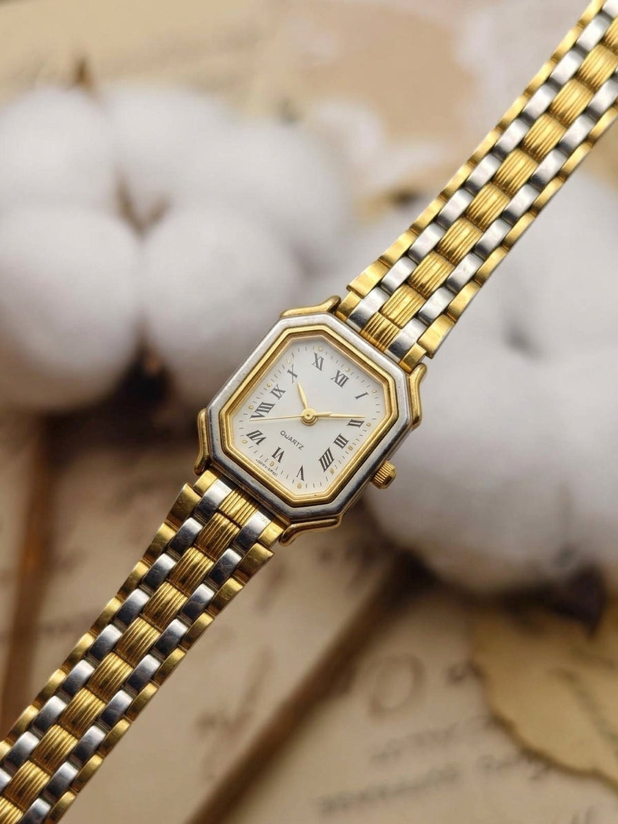 1980s Vintage Two-Tone Octagonal Roman Numeral Watch – Rare Hex/Octagon Bezel Design