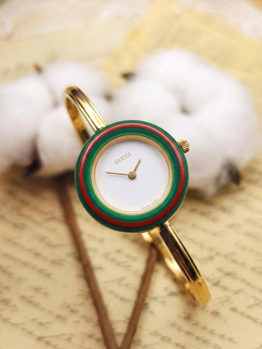 1980s Vintage Gucci 11/12 Changeable Bezel Gold-Plated Bangle Watch Set – Collector’s Box Edition