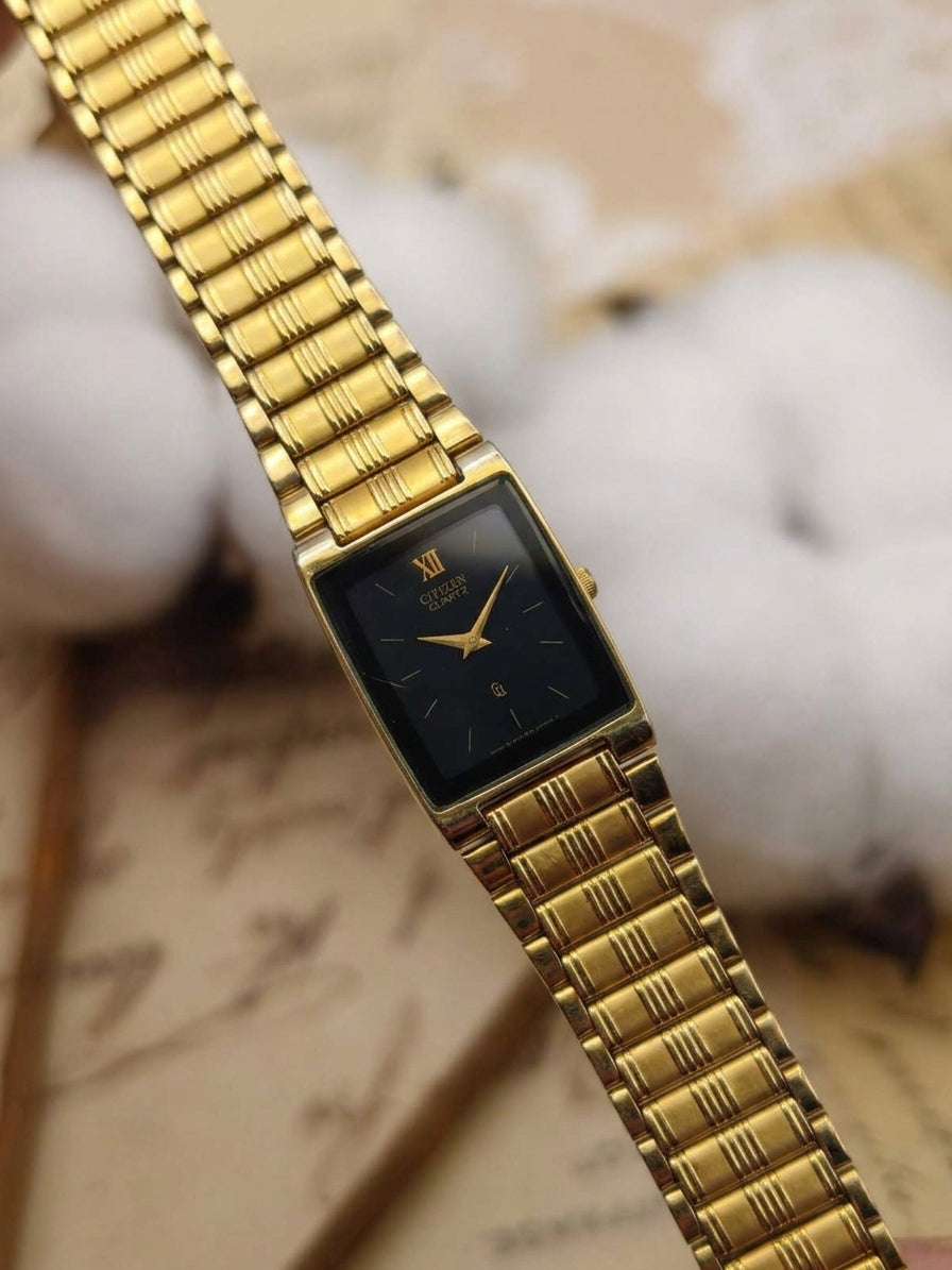 1980s Vintage Citizen Black Dial Tank Dress Watch – Rare Roman Numeral Edition