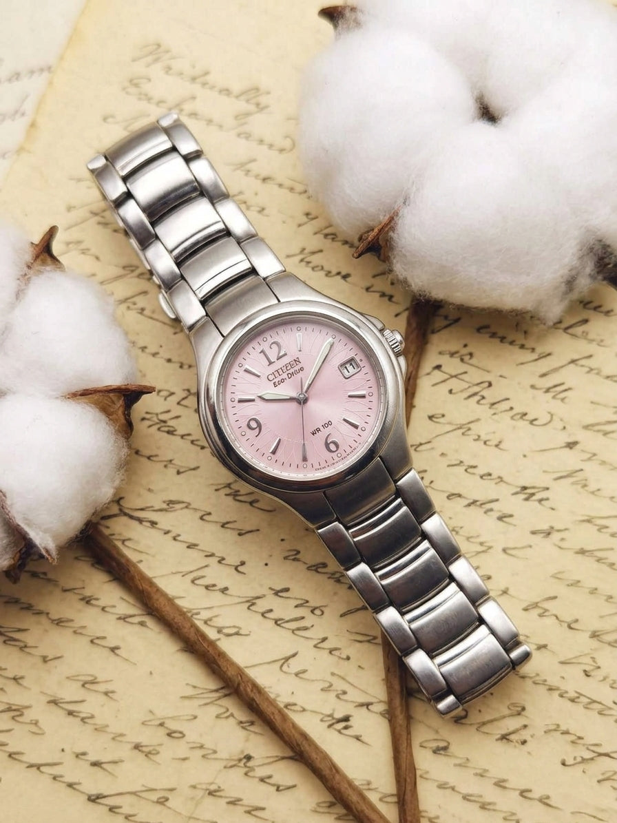 2000s Citizen Eco-Drive Pink Sunburst Dial Sports-Dress Watch – Rare Stainless Steel WR100 Edition