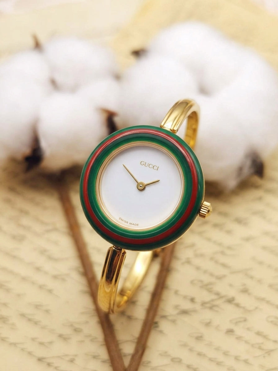 1980s Vintage Gucci 11/12 Changeable Bezel Gold-Plated Bangle Watch Set – Collector’s Box Edition