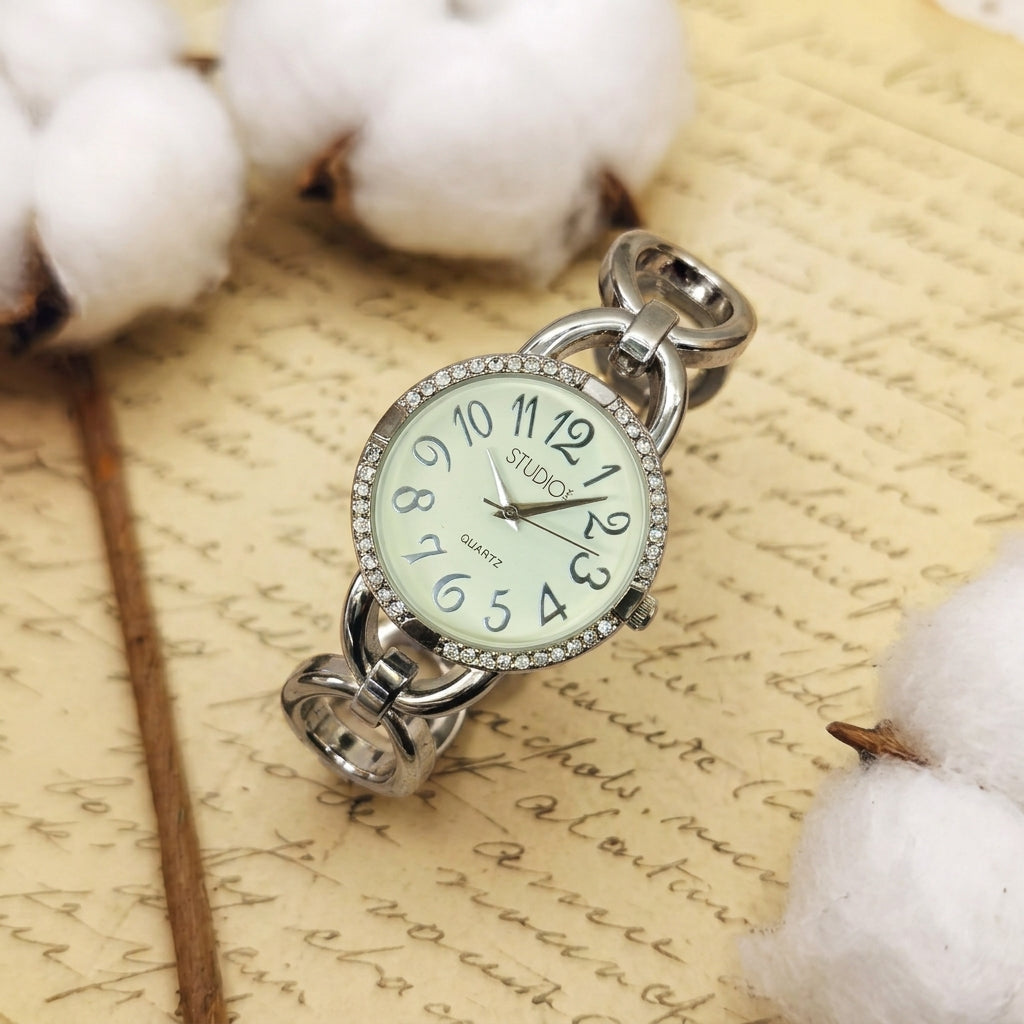 2000s Vintage Studio Silver-Tone Bangle Watch – Crystal Bezel Edition