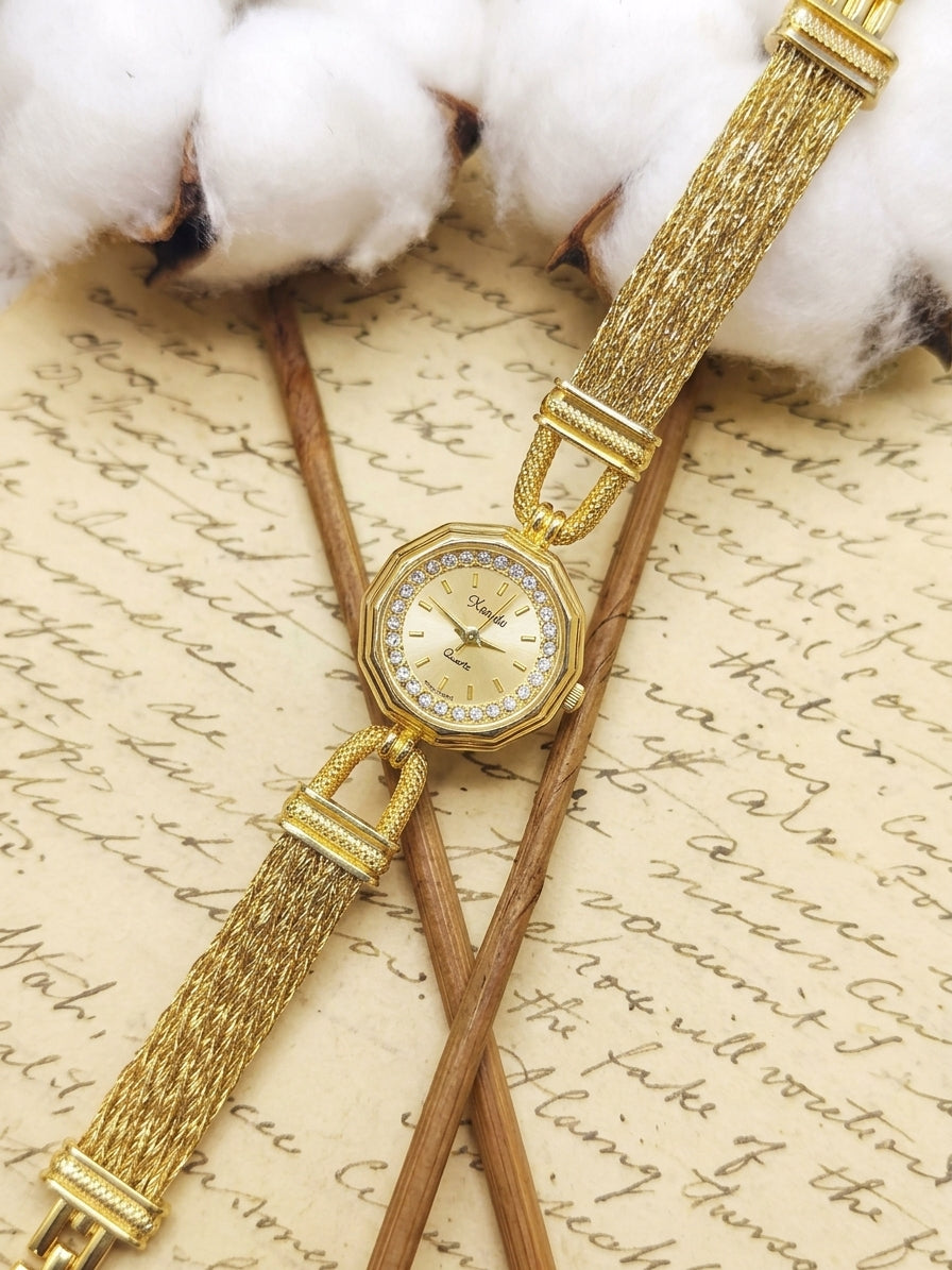 1990s Vintage Xanadu Gold-Tone Crystal Octagonal Dress Watch – Multi-Strand Mesh Bracelet Edition