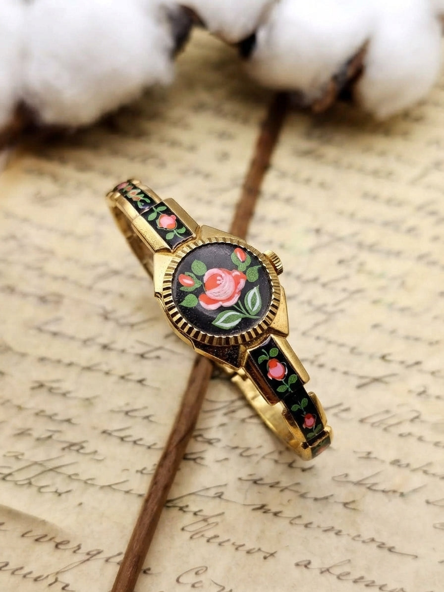 1950s Vintage Eastman Enamel Floral Flip-Cover Bangle Watch – Rare Hand-Painted Secret Locket Edition