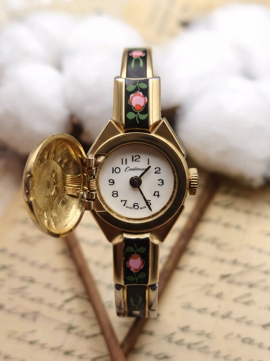 1950s Vintage Eastman Enamel Floral Flip-Cover Bangle Watch – Rare Hand-Painted Secret Locket Edition