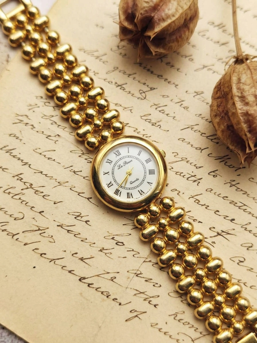 1990s Vintage Le Baron Gold-Tone Beaded Bracelet Watch – Rare Roman Numeral Edition