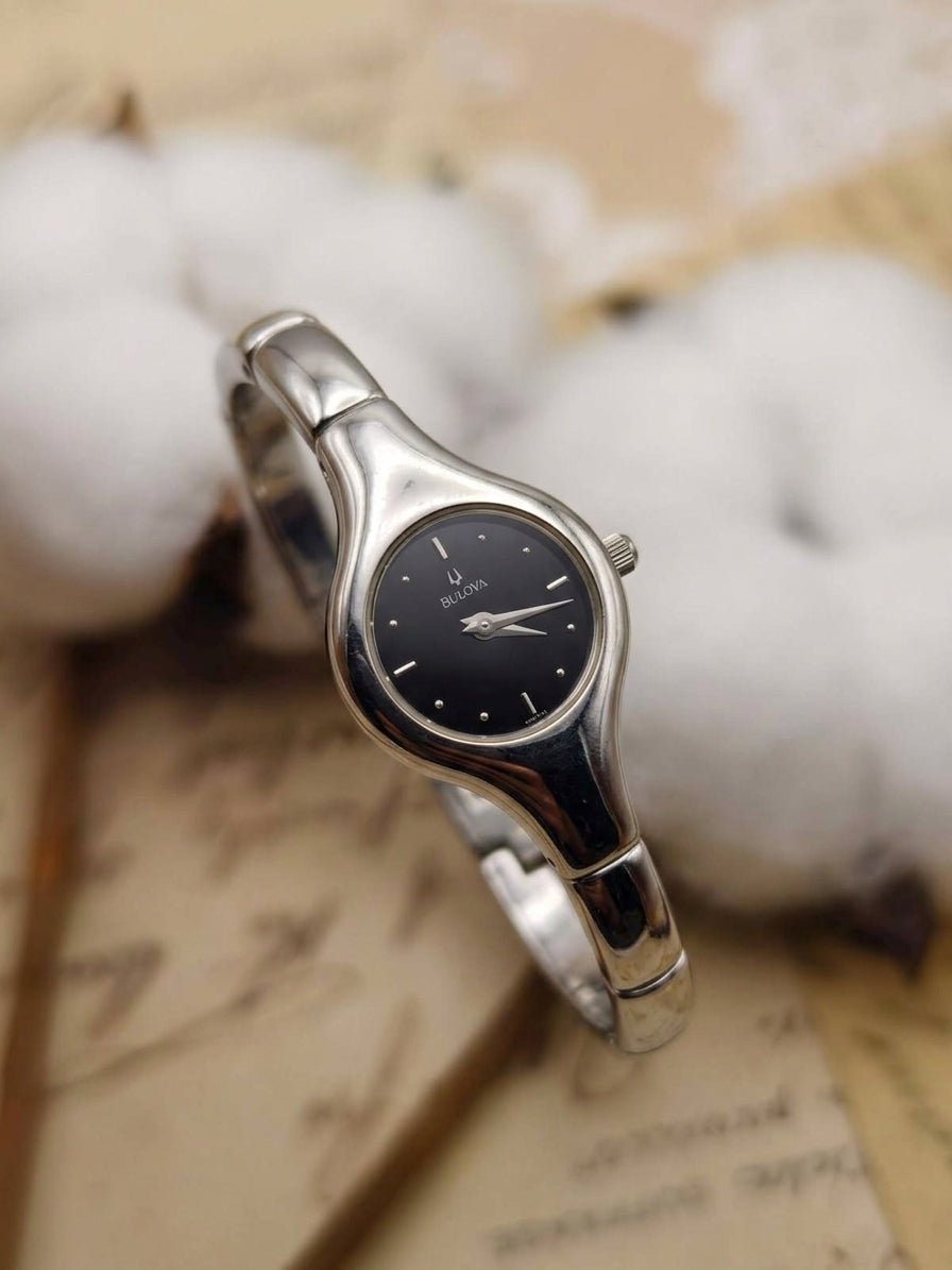 1990s Vintage Bulova Silver-Tone Bangle Cuff Watch