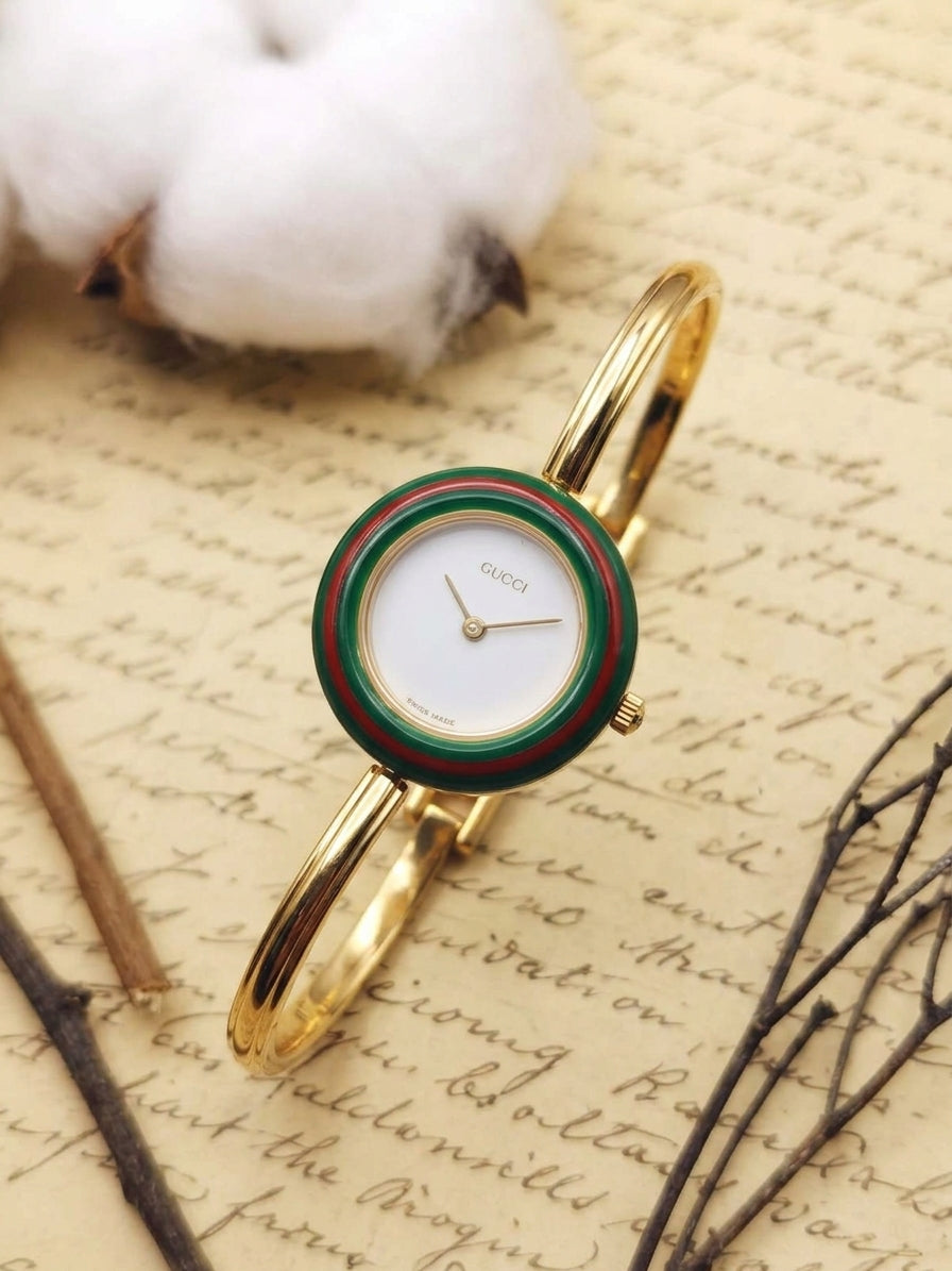 1980s Vintage Gucci 11/12 Changeable Bezel Gold-Plated Bangle Watch Set – Collector’s Box Edition