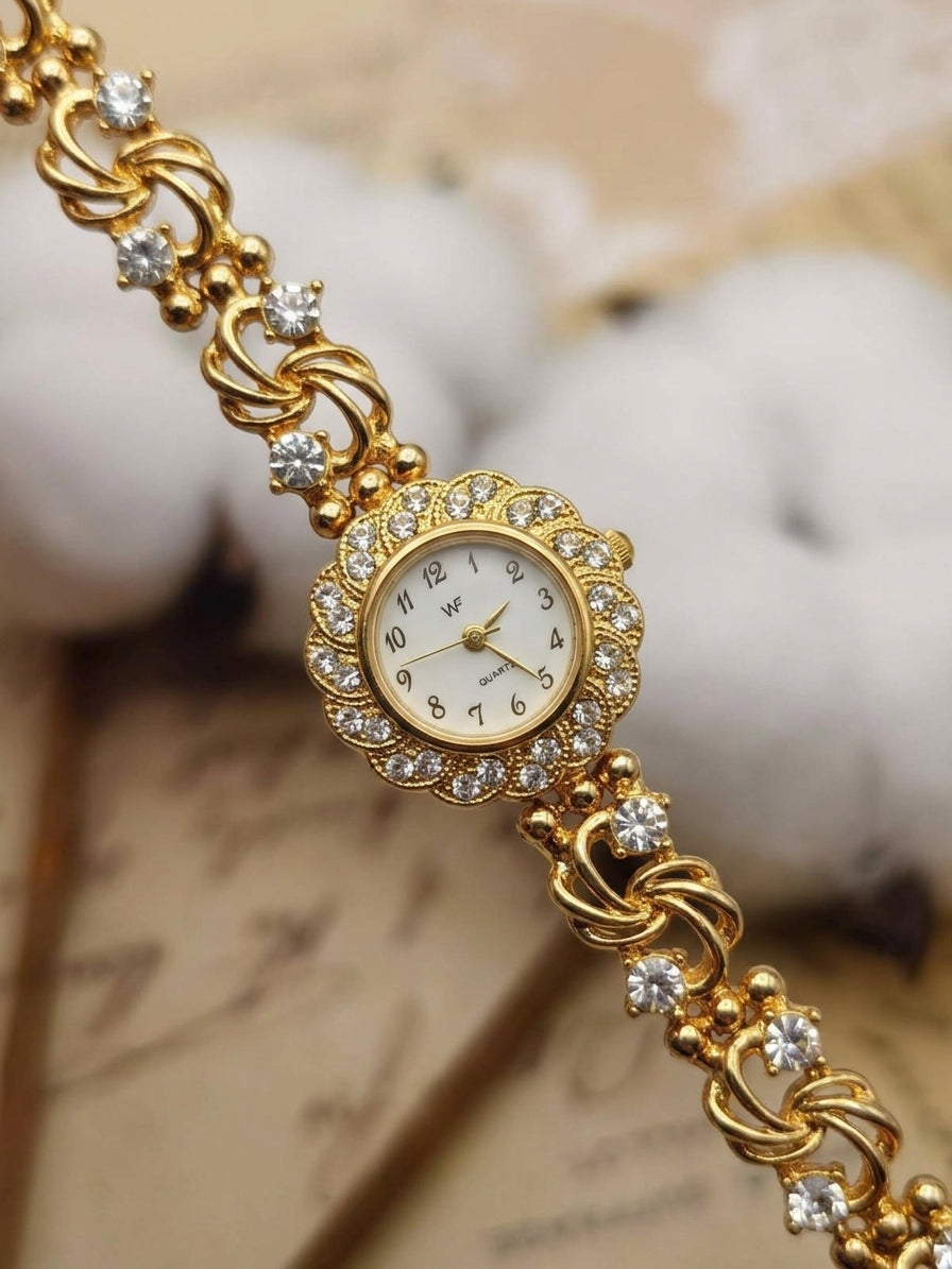1990s Vintage Floral Crystal Bezel Jewelry Watch – Rare Openwork Swirl Bracelet
