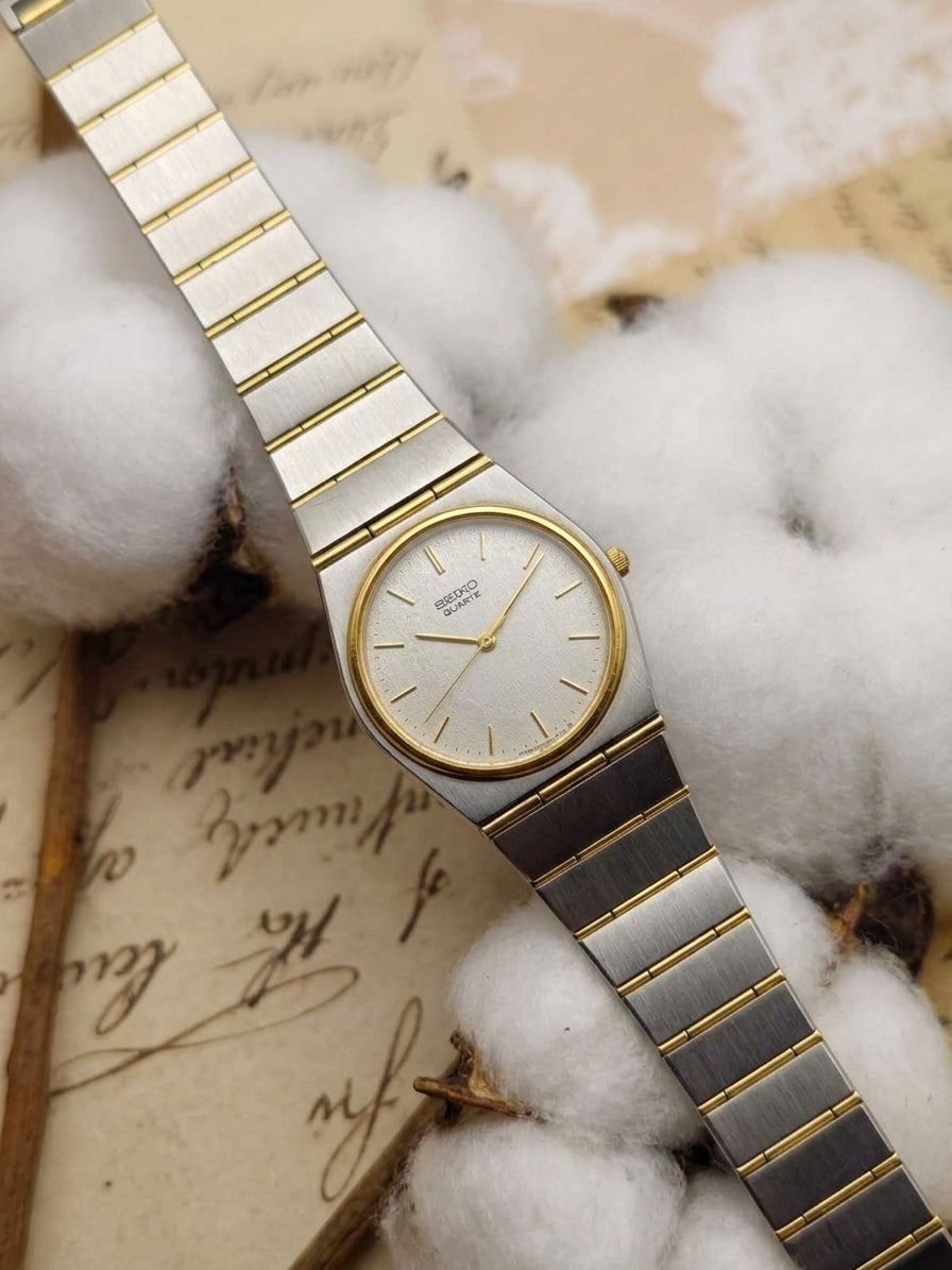 1980s Vintage Seiko 9021-6000 Two-Tone Integrated Link Dress Watch – Rare Brushed Steel & Gold Edition