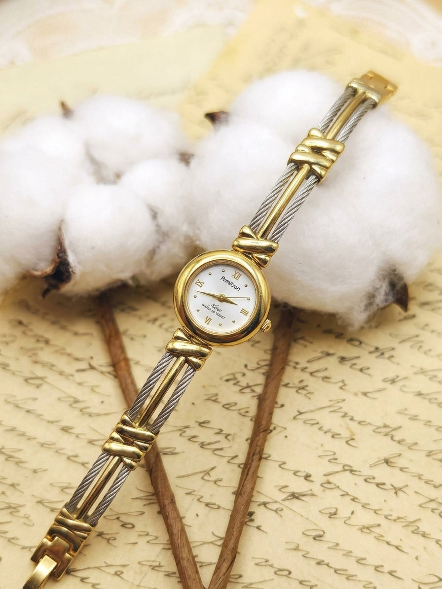 1990s Vintage Armitron Two-Tone Cable Wire Bangle Dress Watch – Gold & Steel Designer Edition