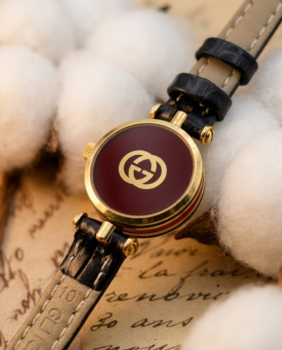 1980s–1990s Vintage Gucci 3000L Sherry Line Gold-Tone Ladies Watch – Off-White Dial & Black Leather Strap Edition