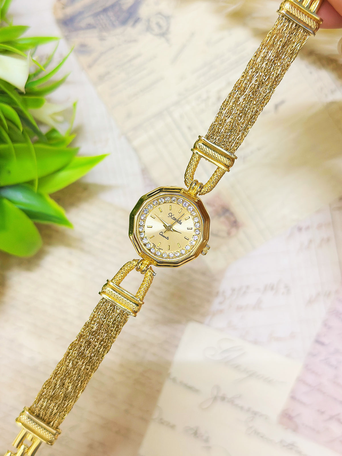 1990s Vintage Xanadu Gold-Tone Crystal Octagonal Dress Watch – Multi-Strand Mesh Bracelet Edition