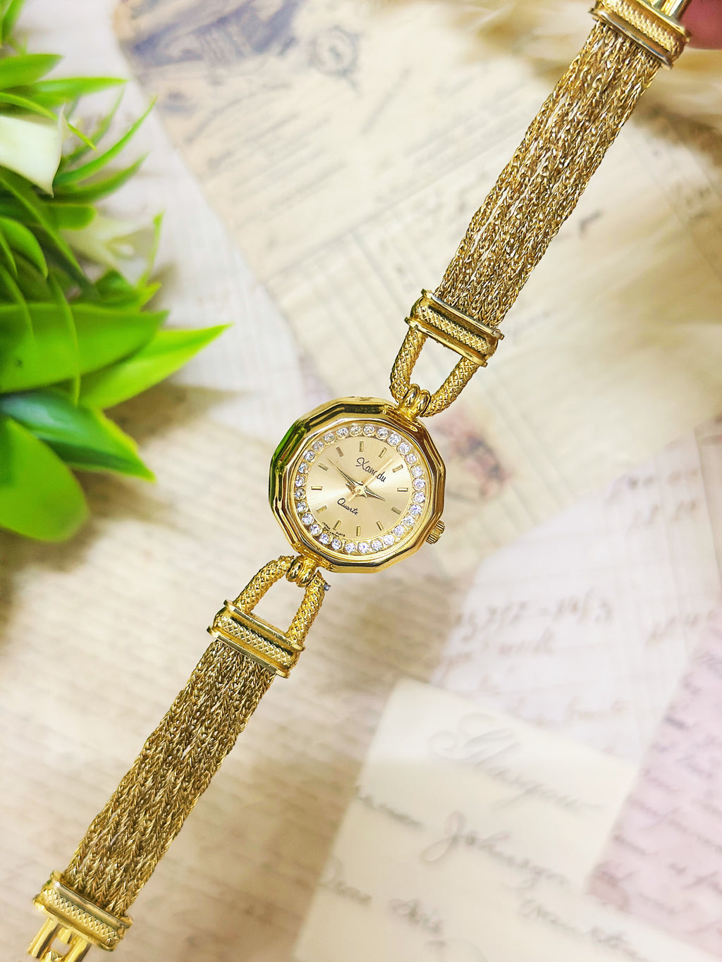 1990s Vintage Xanadu Gold-Tone Crystal Octagonal Dress Watch – Multi-Strand Mesh Bracelet Edition