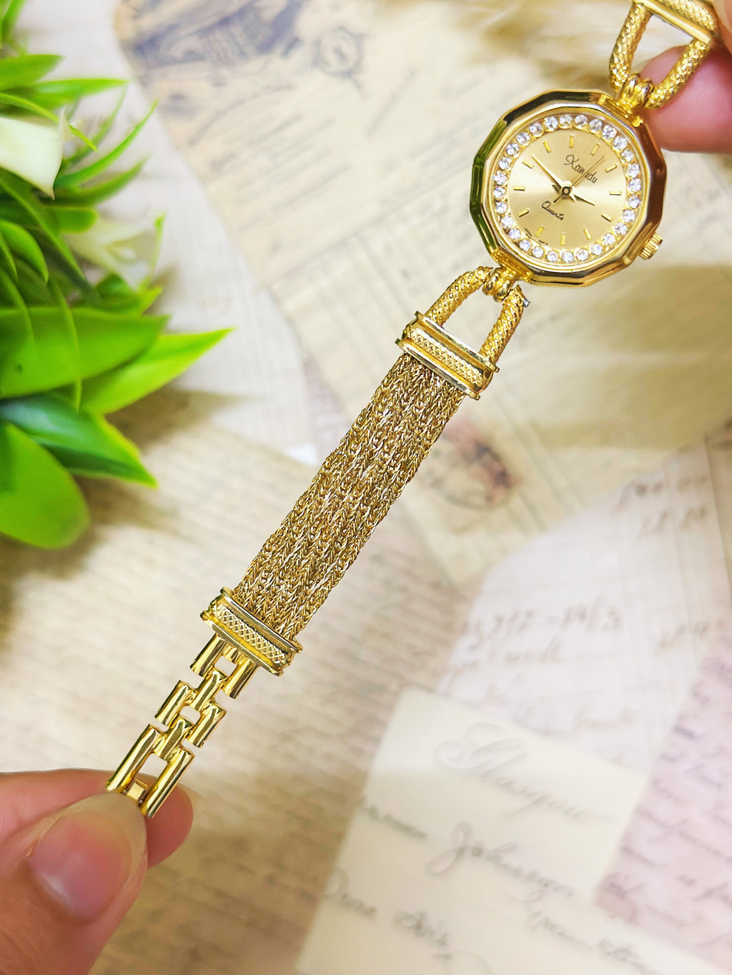 1990s Vintage Xanadu Gold-Tone Crystal Octagonal Dress Watch – Multi-Strand Mesh Bracelet Edition