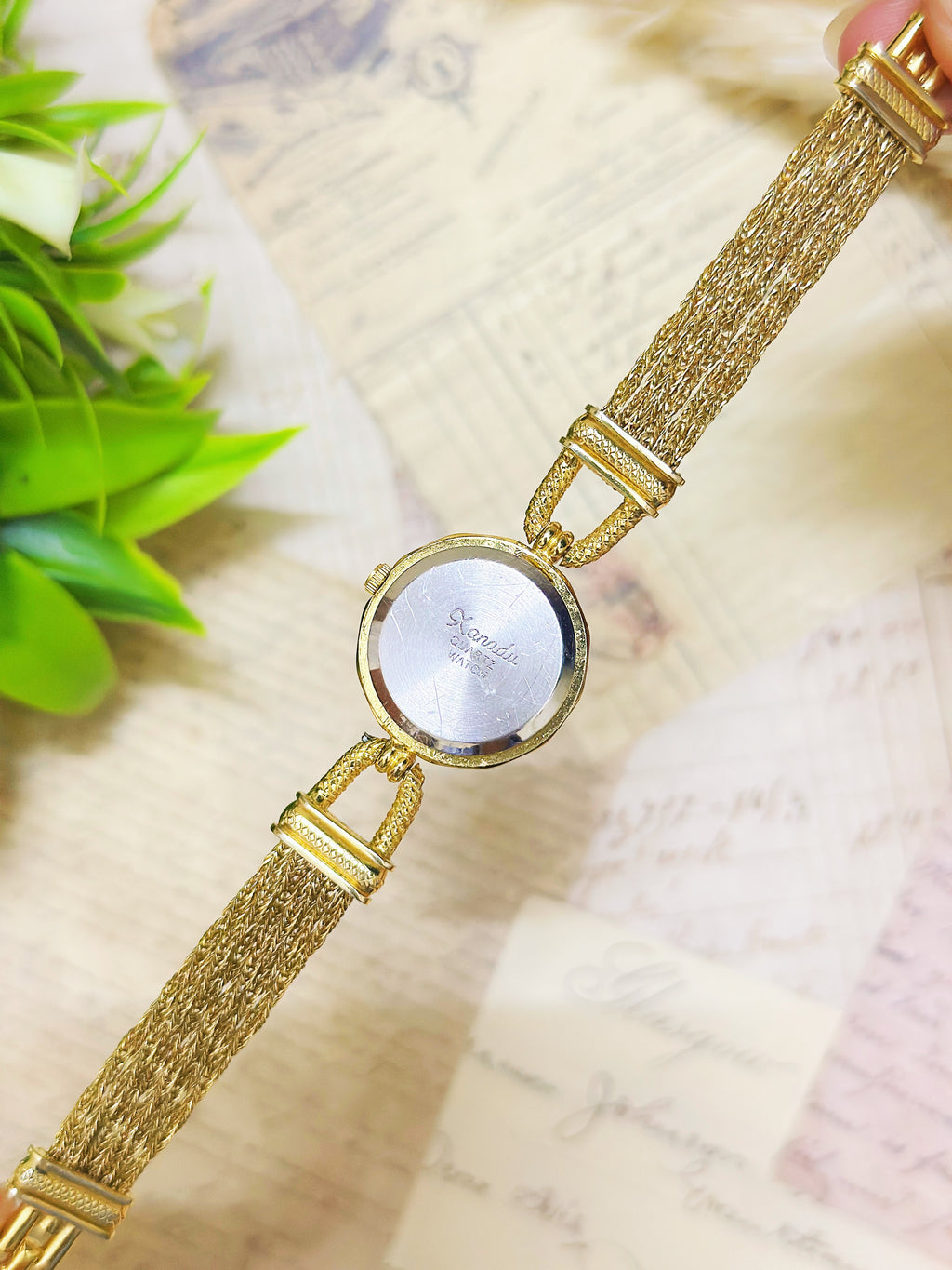 1990s Vintage Xanadu Gold-Tone Crystal Octagonal Dress Watch – Multi-Strand Mesh Bracelet Edition