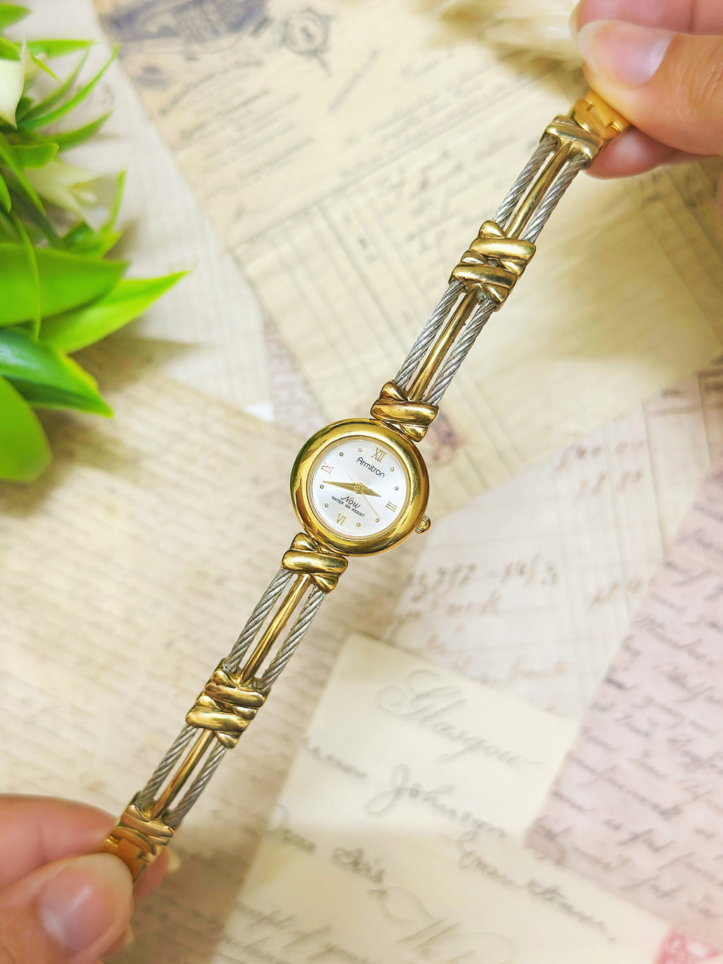 1990s Vintage Armitron Two-Tone Cable Wire Bangle Dress Watch – Gold & Steel Designer Edition