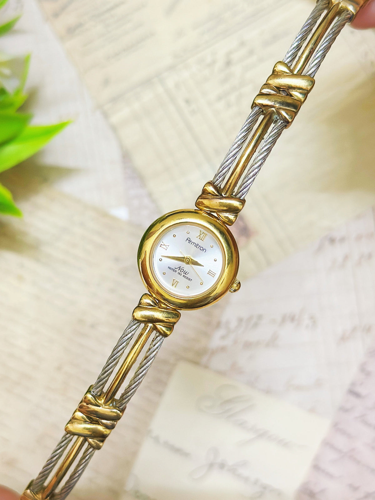 1990s Vintage Armitron Two-Tone Cable Wire Bangle Dress Watch – Gold & Steel Designer Edition