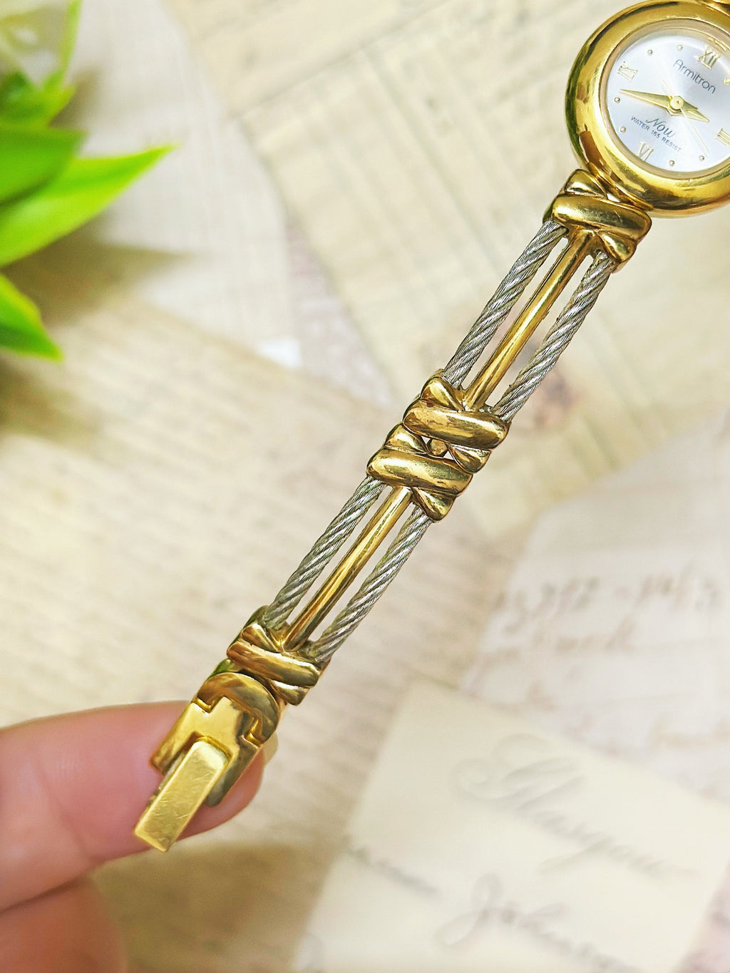 1990s Vintage Armitron Two-Tone Cable Wire Bangle Dress Watch – Gold & Steel Designer Edition