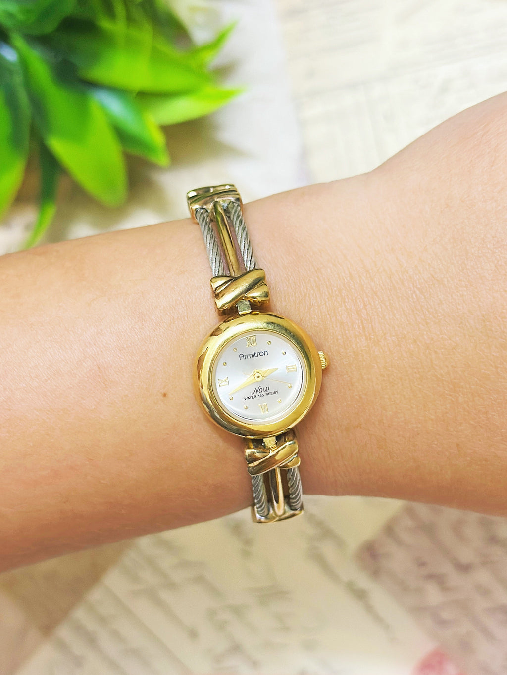 1990s Vintage Armitron Two-Tone Cable Wire Bangle Dress Watch – Gold & Steel Designer Edition