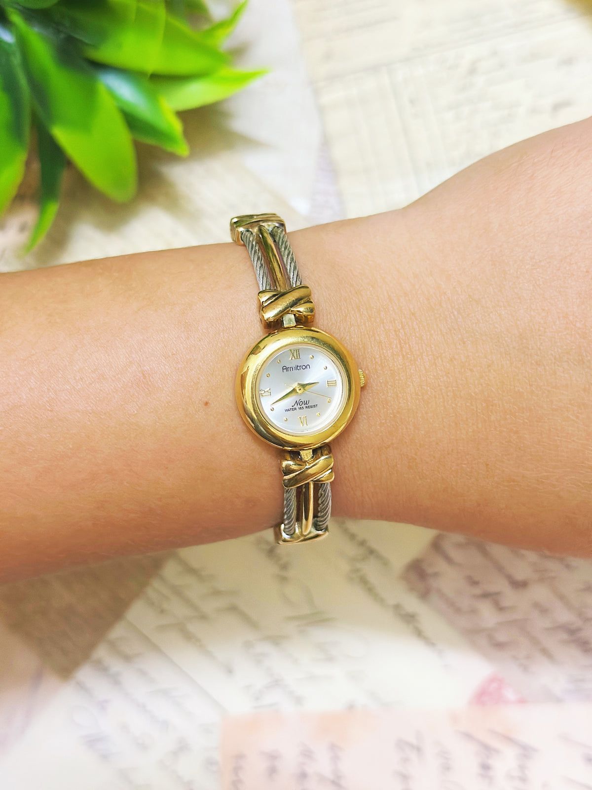 1990s Vintage Armitron Two-Tone Cable Wire Bangle Dress Watch – Gold & Steel Designer Edition