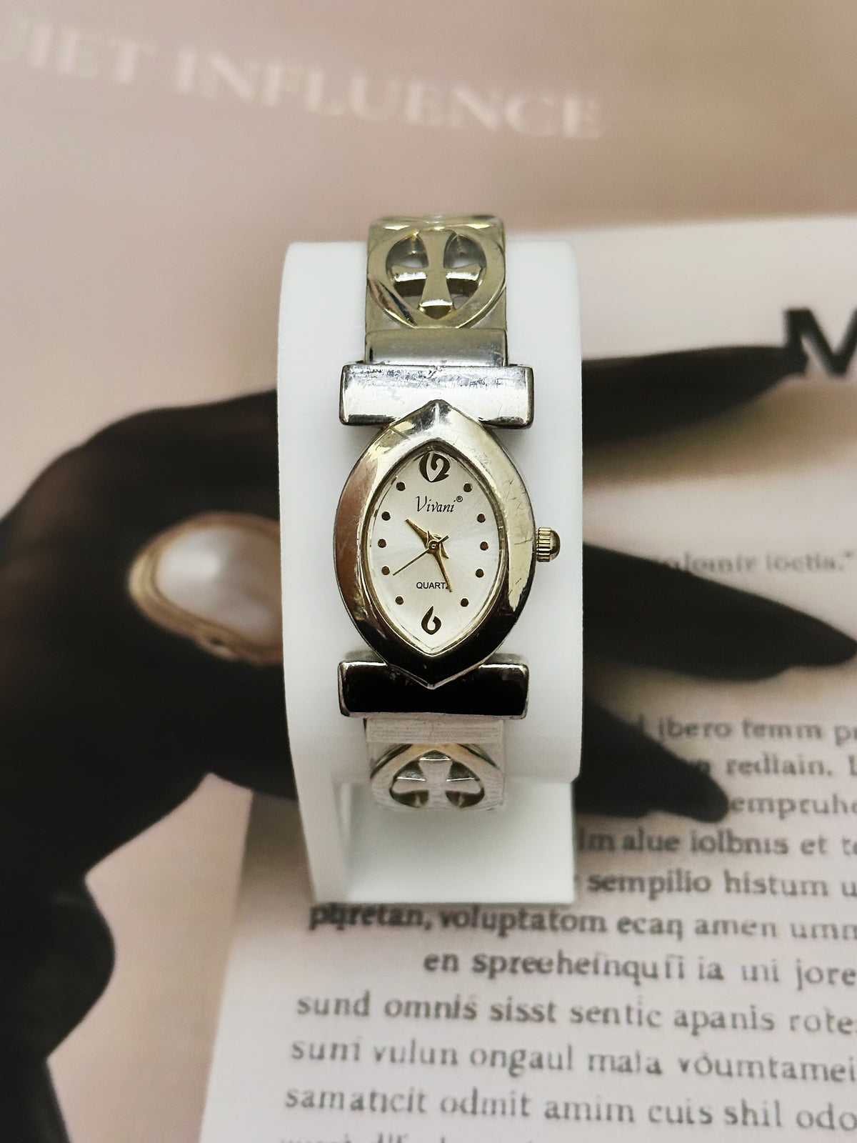 Vintage Vivani Silver-Tone Marquise Dress Watch – Cross Openwork Bangle Bracelet Edition