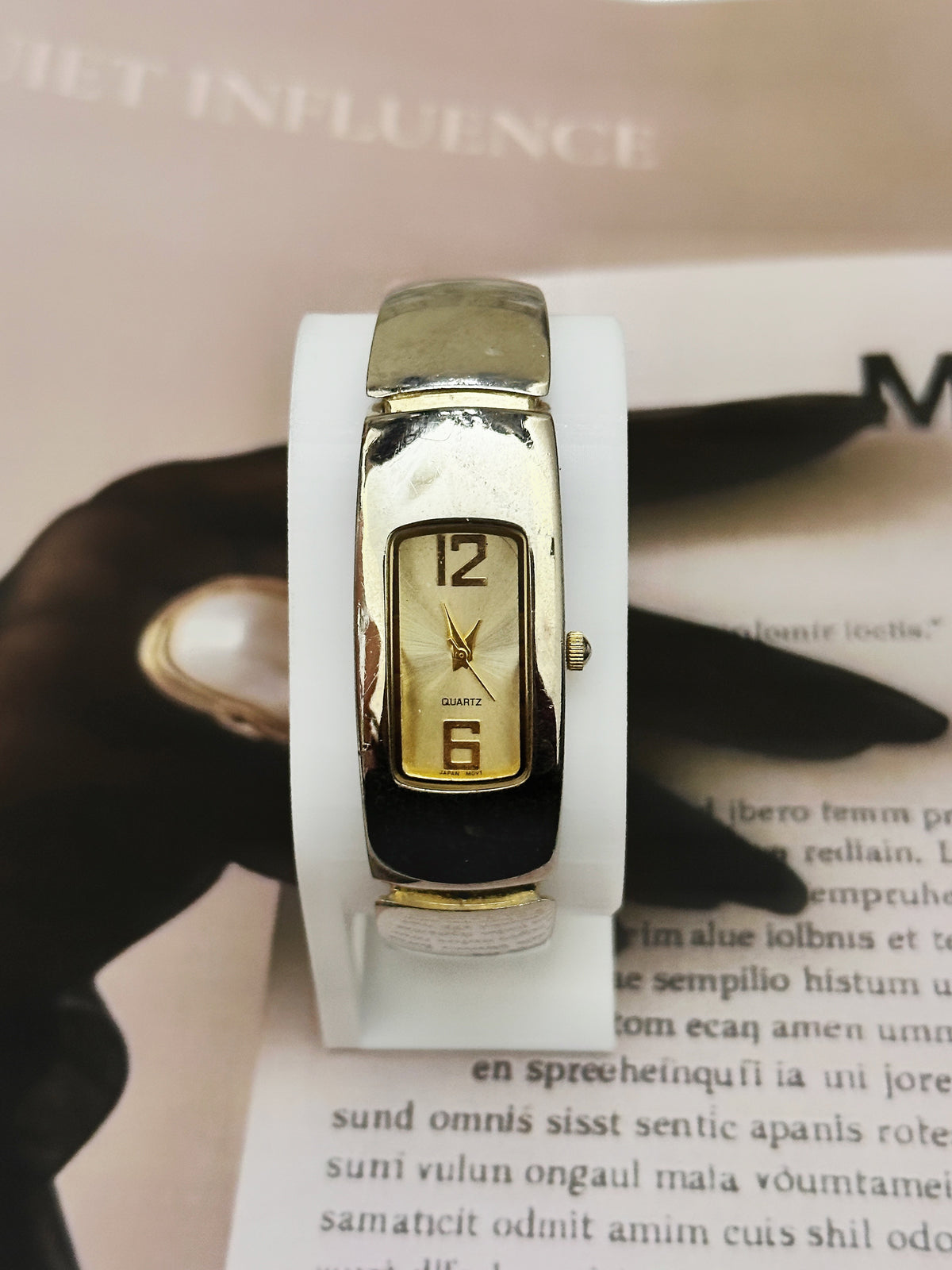 Vintage Two-Tone Curved Tank Dress Watch – Champagne Dial & Solid Bangle Bracelet Edition