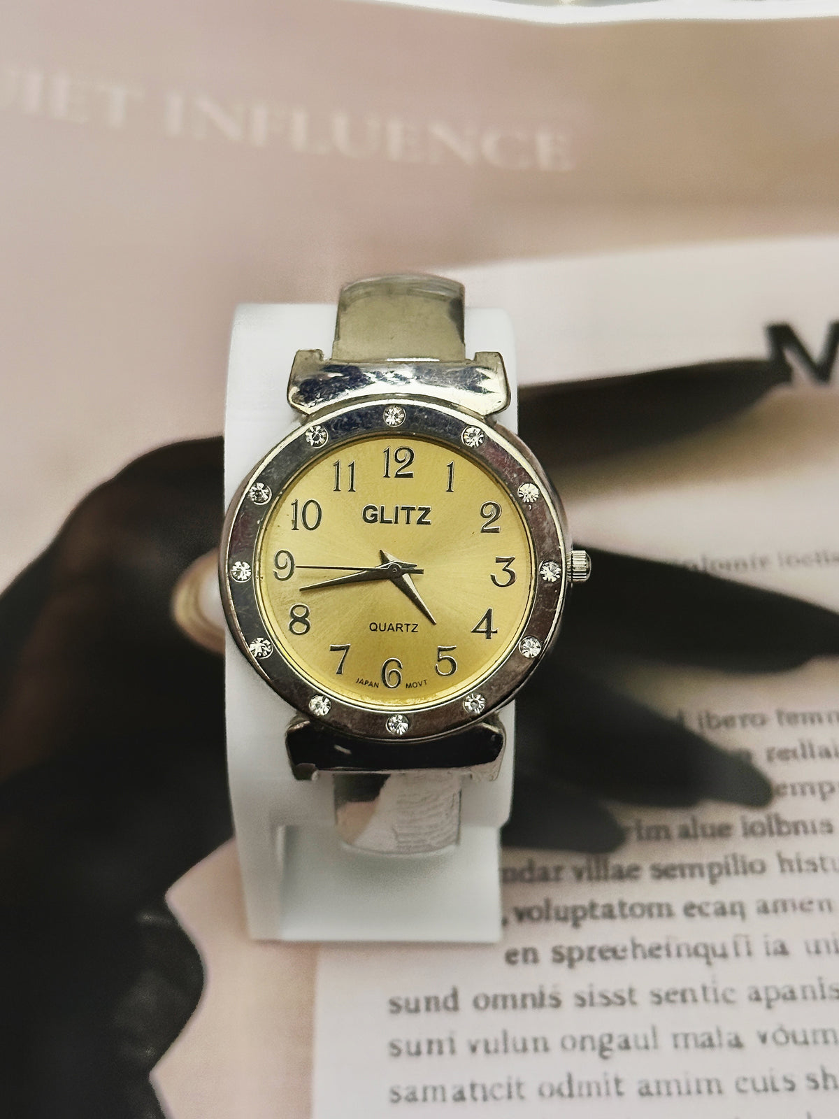 Vintage Glitz Silver-Tone Crystal Bezel Watch – Gold Sunburst Dial & Bangle Bracelet Edition`