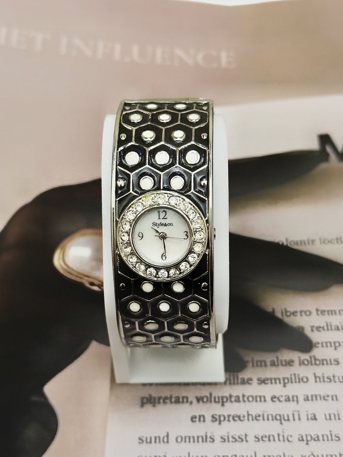 Vintage Style & Co. Enamel Honeycomb Cuff Watch – Crystal Bezel & Whit ...