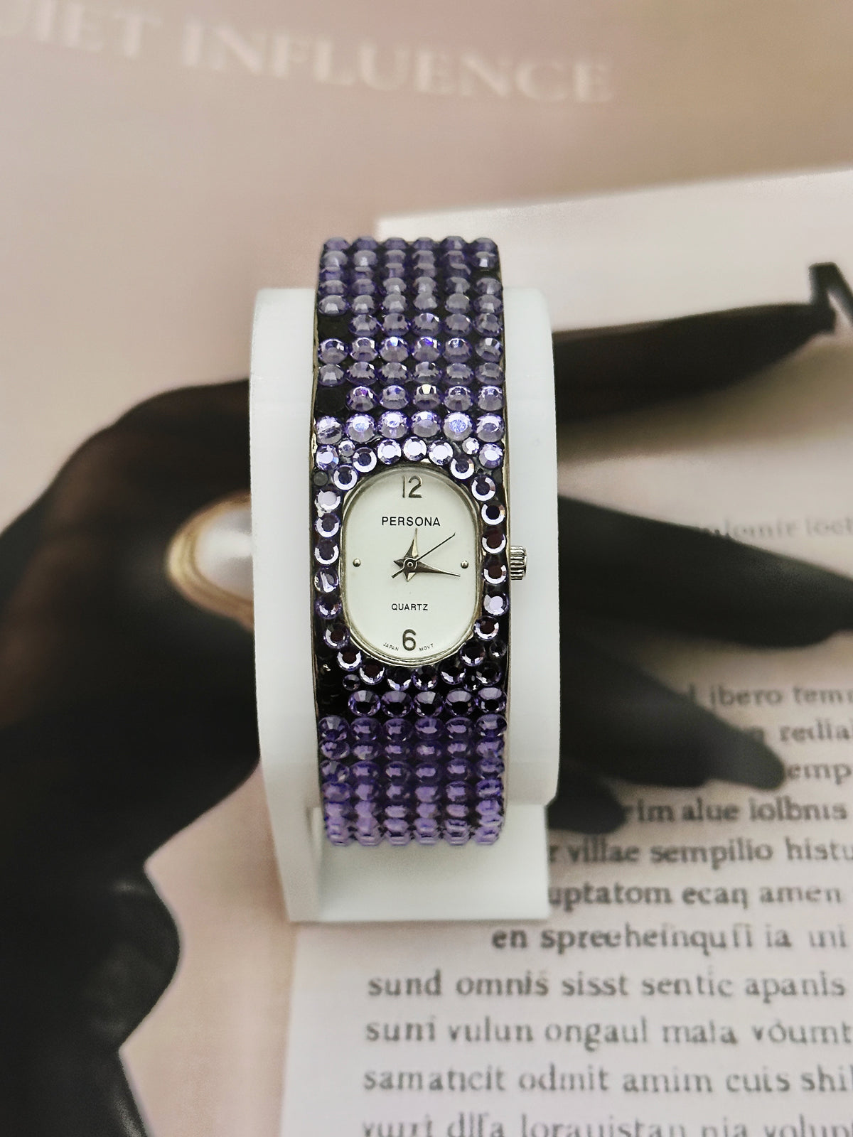 Vintage Persona Purple Crystal Pave Cuff Watch – Oval White Dial Edition