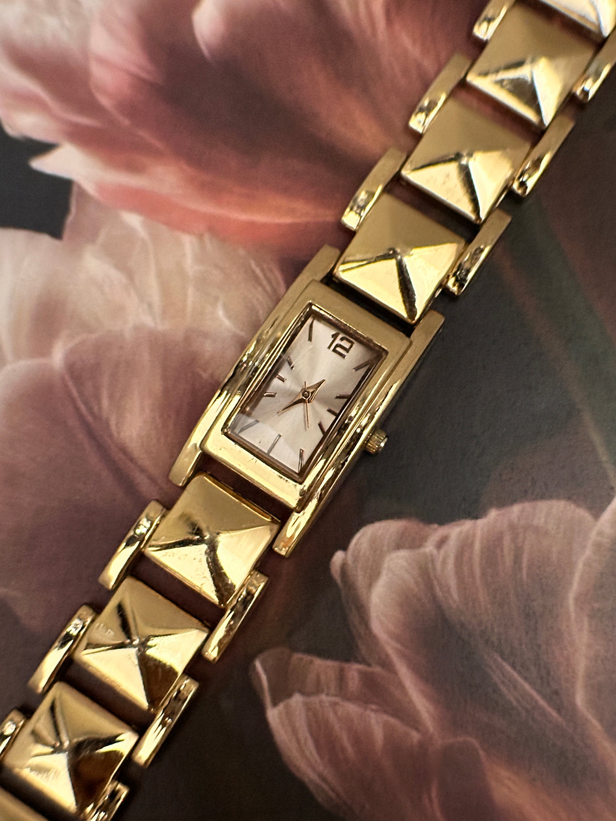 Vintage Rose Gold-Tone Architectural Tank Dress Watch – Pyramid Stud Link Bracelet Edition