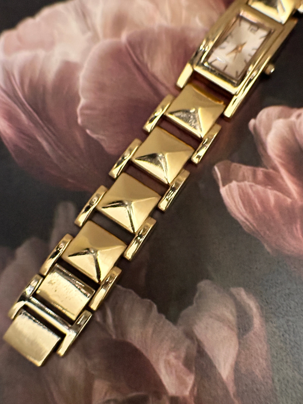 Vintage Rose Gold-Tone Architectural Tank Dress Watch – Pyramid Stud Link Bracelet Edition