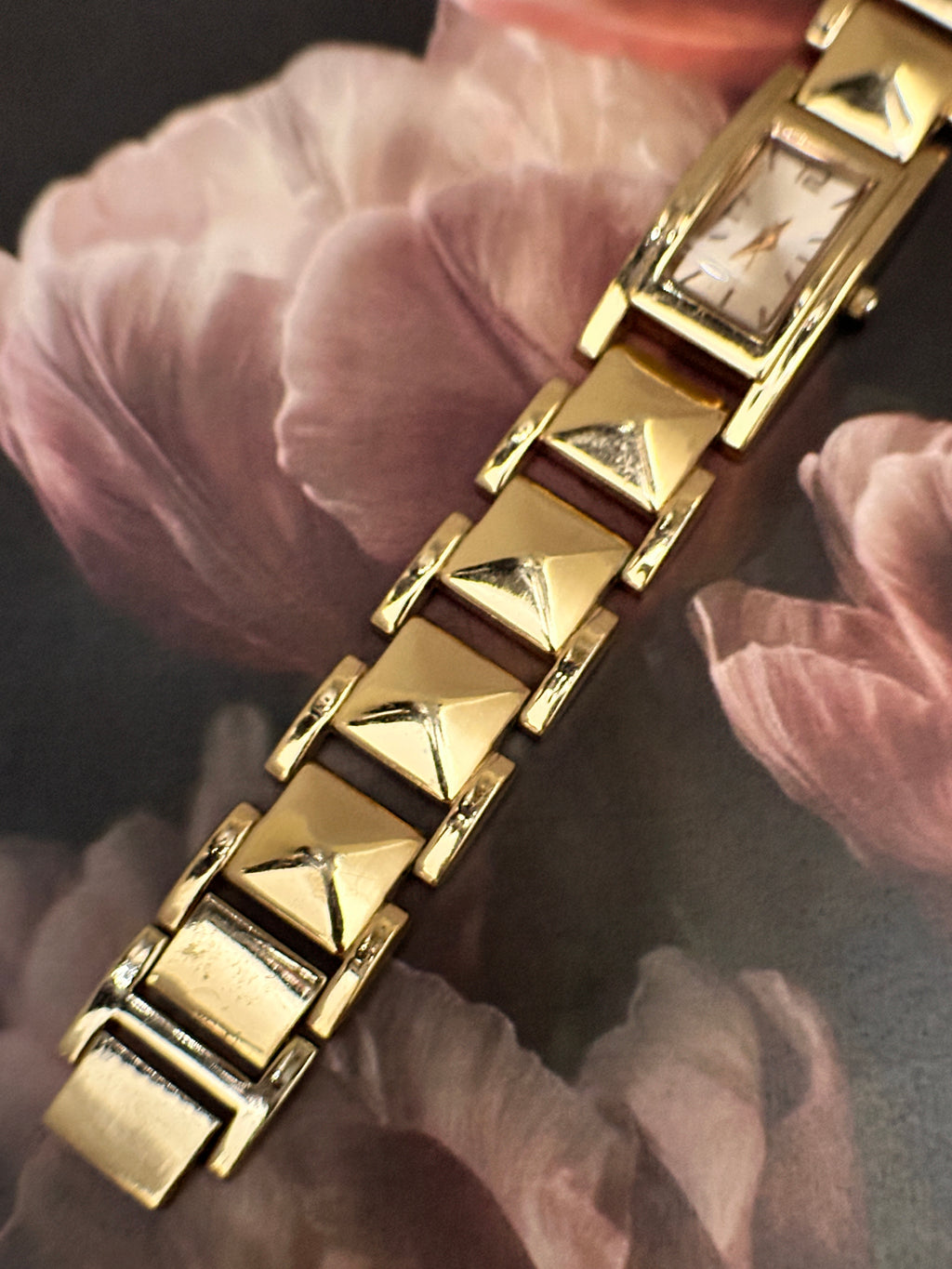 Vintage Rose Gold-Tone Architectural Tank Dress Watch – Pyramid Stud Link Bracelet Edition