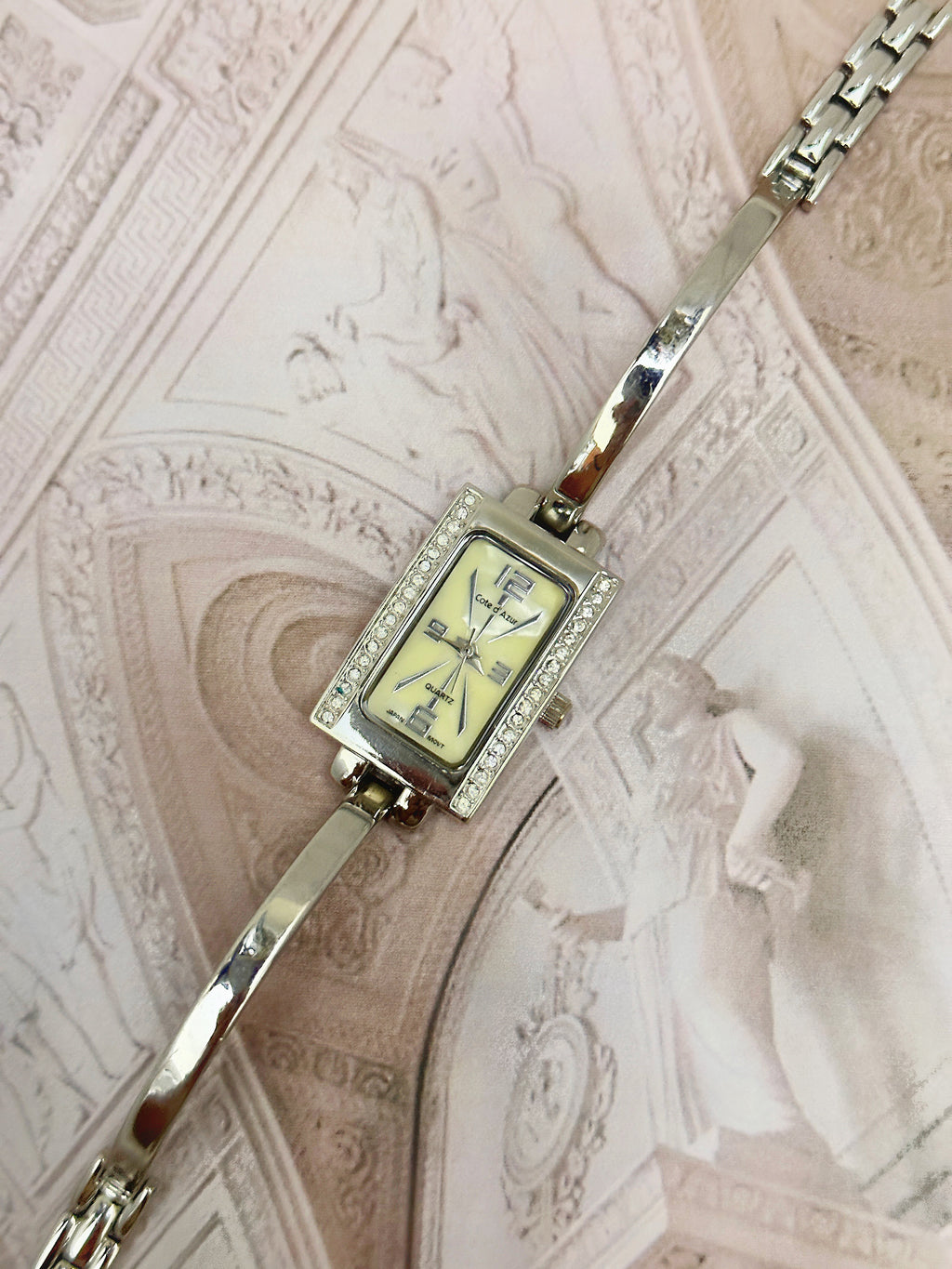 Vintage Côte d'Azur Silver-Tone Crystal Tank Watch – Champagne Dial & Rigid Bangle Link Bracelet Edition