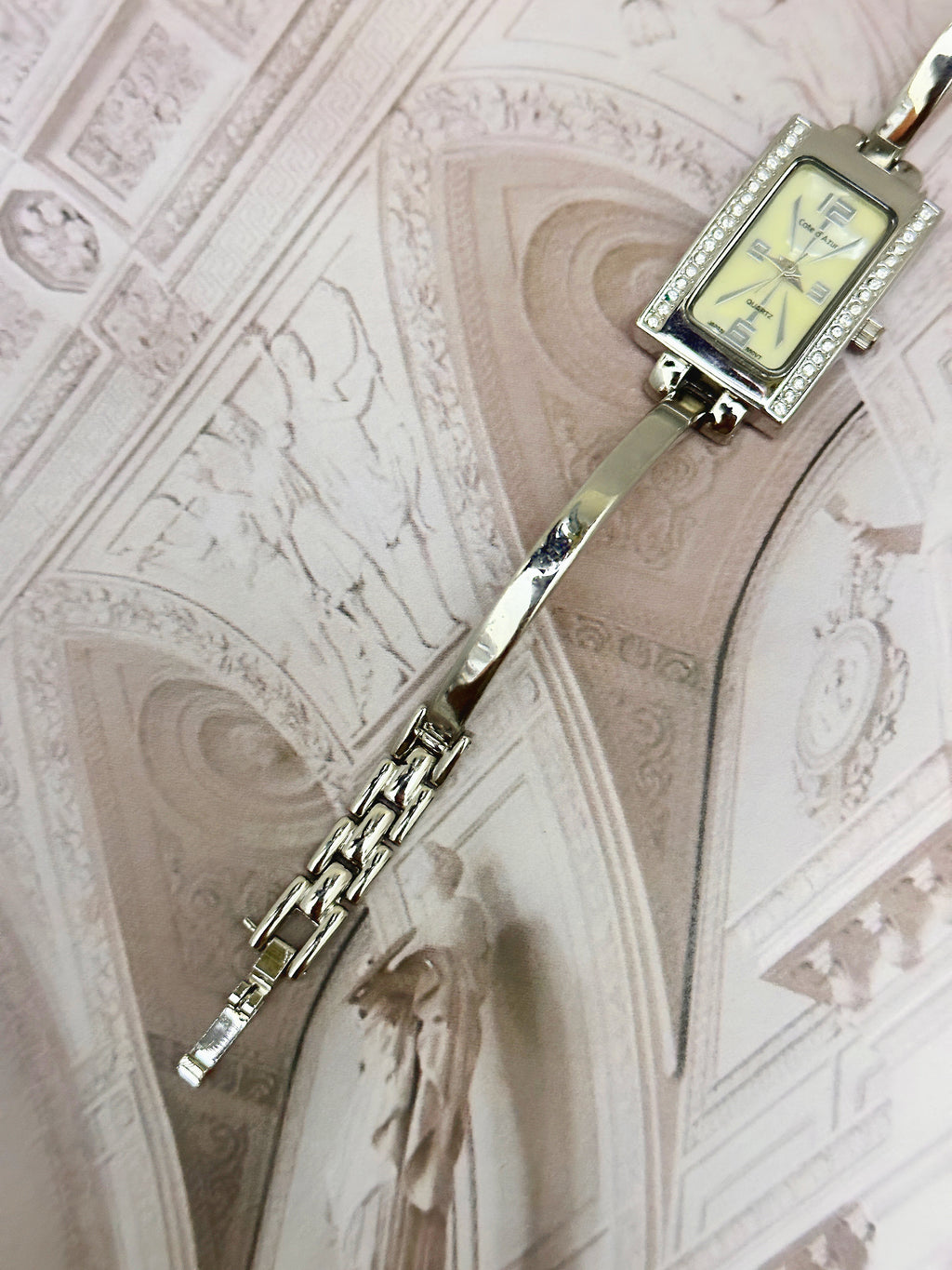 Vintage Côte d'Azur Silver-Tone Crystal Tank Watch – Champagne Dial & Rigid Bangle Link Bracelet Edition