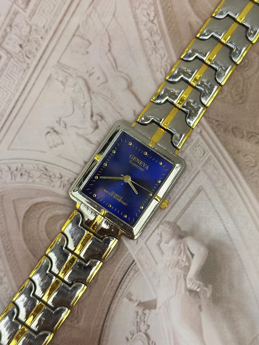 Vintage Geneva Superior Two-Tone Rectangular Tank Watch – Cobalt Blue Dial & Articulated Link Bracelet Edition