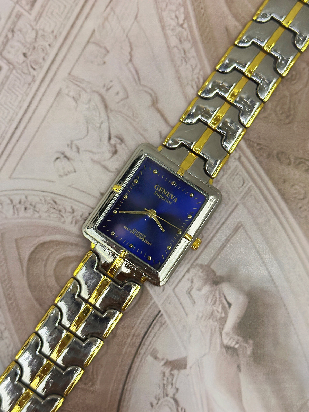 Vintage Geneva Superior Two-Tone Rectangular Tank Watch – Cobalt Blue Dial & Articulated Link Bracelet Edition