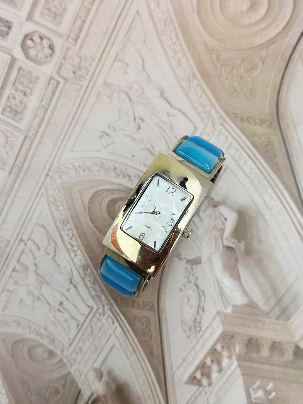Vintage Silver-Tone Tank Bangle Watch – White Dial & Turquoise Enamel Inset Edition