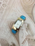 Vintage Silver-Tone Tank Bangle Watch – White Dial & Turquoise Enamel Inset Edition