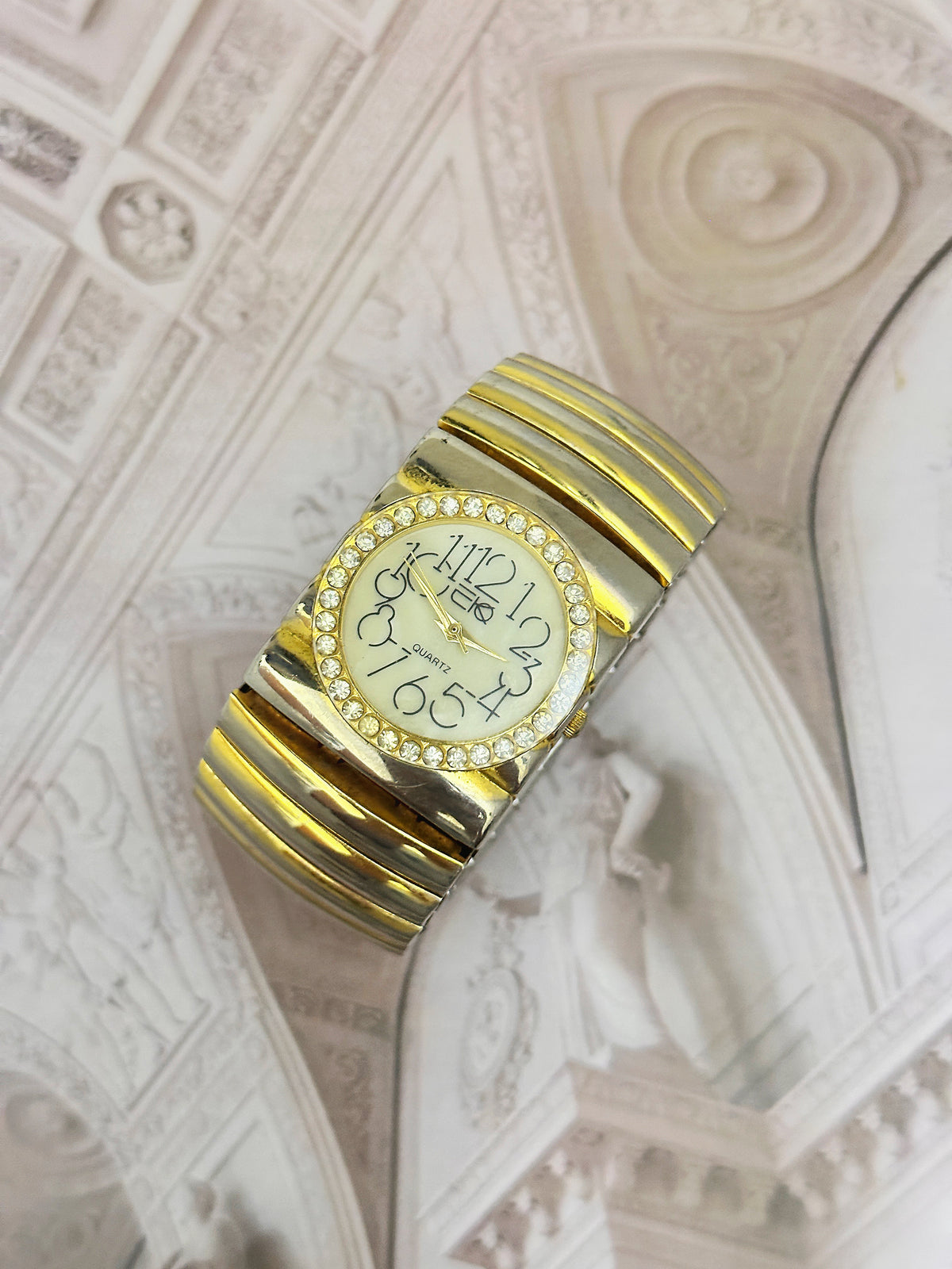 Vintage EKO Two-Tone Crystal Cuff Watch – Oversized Numerals & Wide Expansion Band Edition