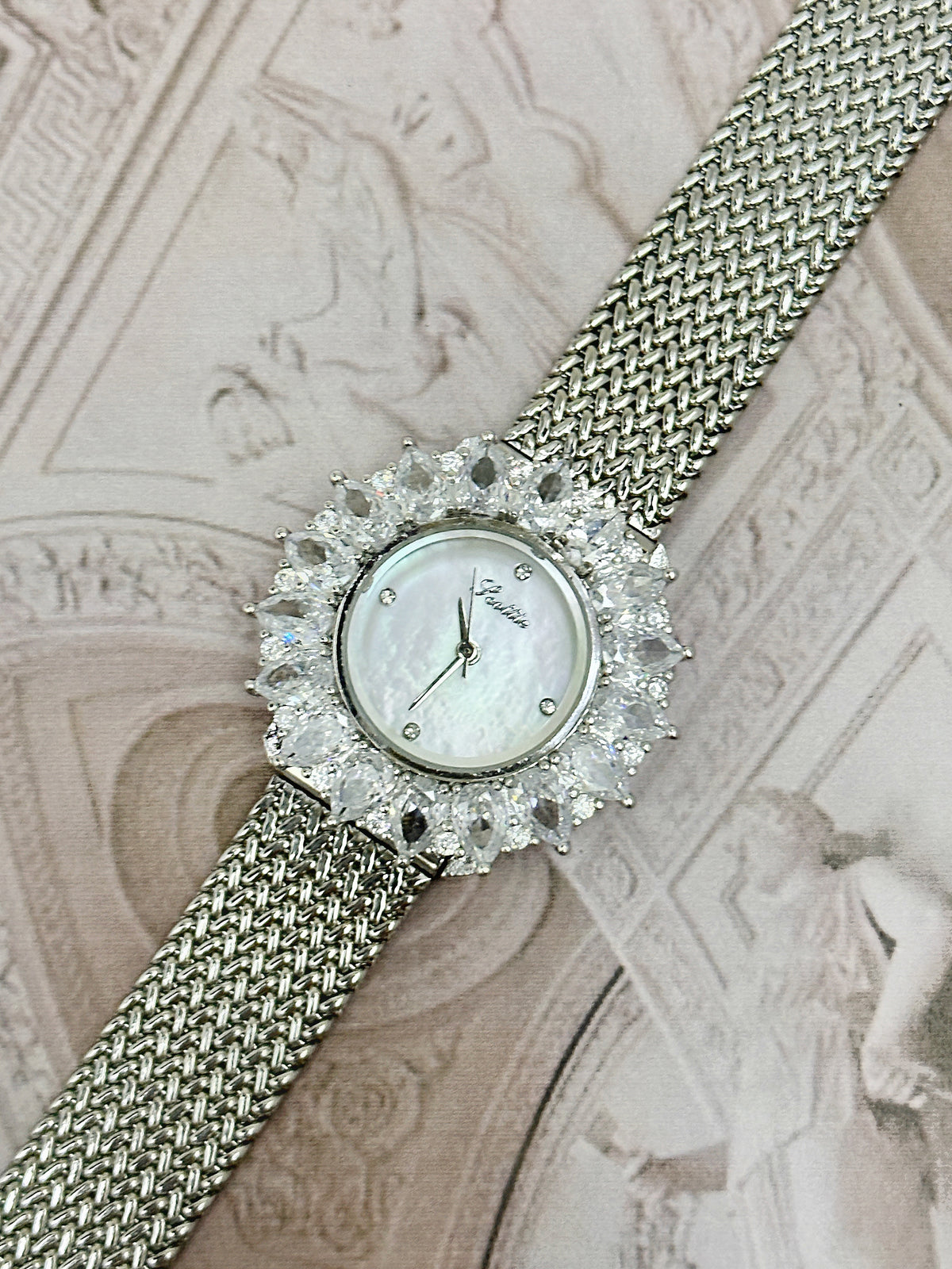 Vintage Scottie Silver-Tone Crystal Cluster Cocktail Watch – Mother of Pearl Dial & Woven Mesh Bracelet Edition